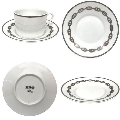 HERMES Chaine D'ancre Morning Cup & Saucer Platinum Blue Pair Set Of 2 Chaine