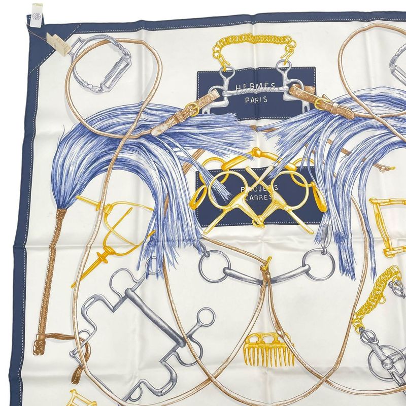 HERMES Scarf Carre 90 Silk Projets Carres Au Crayon White X Navy
