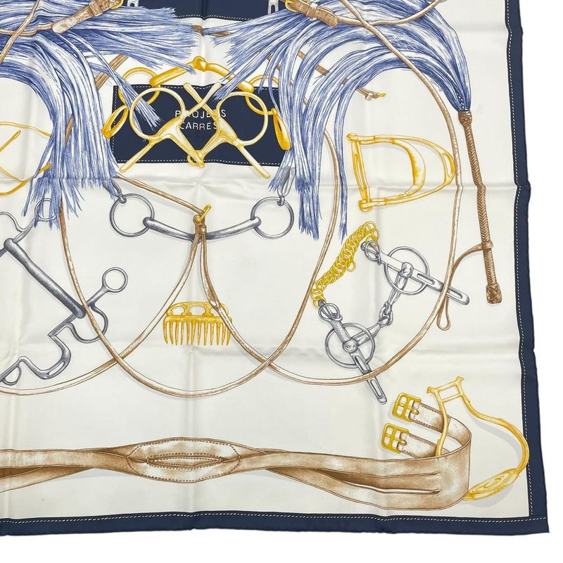 HERMES Scarf Carre 90 Silk Projets Carres Au Crayon White X Navy