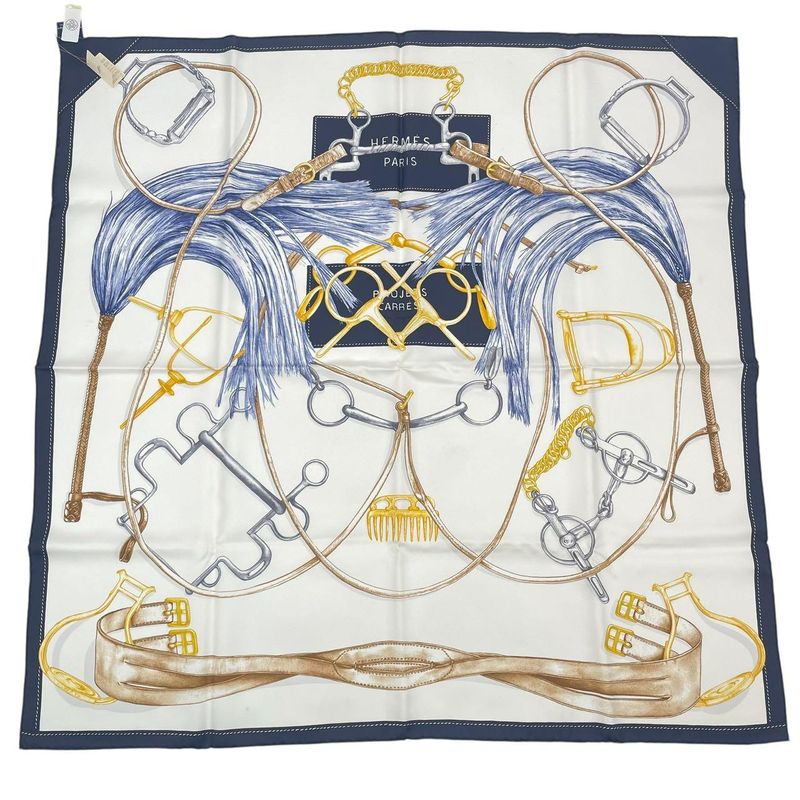 HERMES Scarf Carre 90 Silk Projets Carres Au Crayon White X Navy