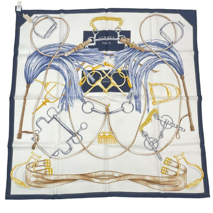 HERMES Scarf Carre 90 Silk Projets Carres Au Crayon White X Navy