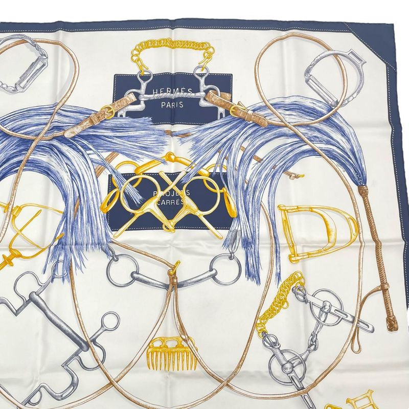 HERMES Scarf Carre 90 Silk Projets Carres Au Crayon White X Navy