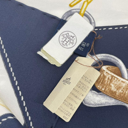 HERMES Scarf Carre 90 Silk Projets Carres Au Crayon White X Navy