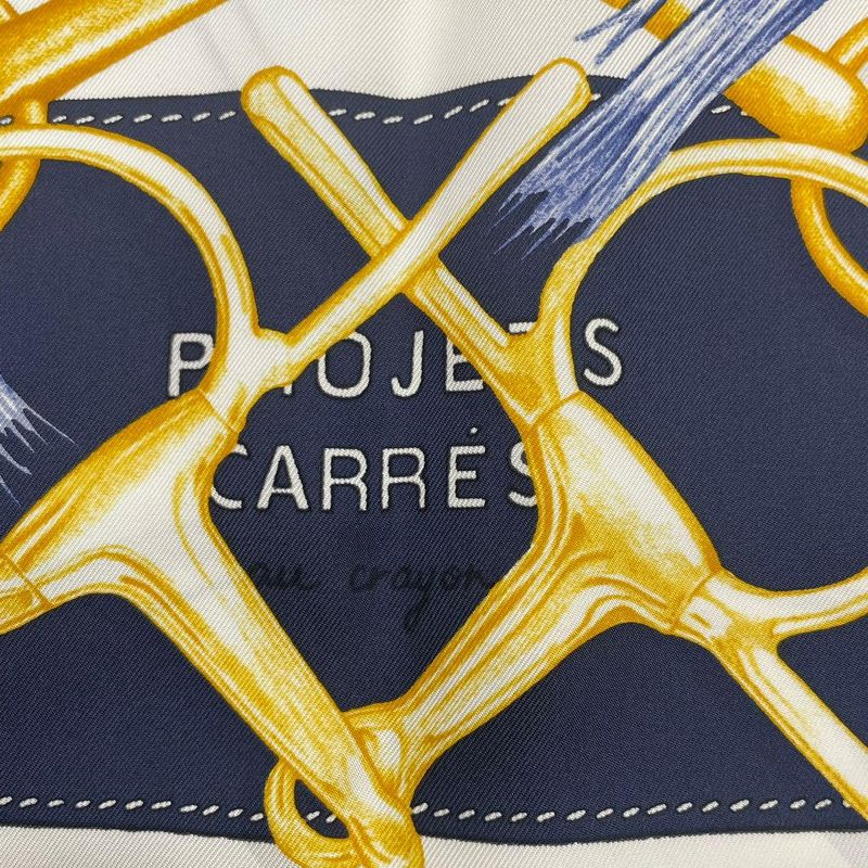 HERMES Scarf Carre 90 Silk Projets Carres Au Crayon White X Navy