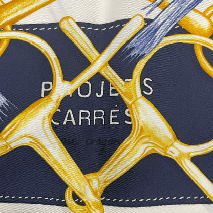 HERMES Scarf Carre 90 Silk Projets Carres Au Crayon White X Navy