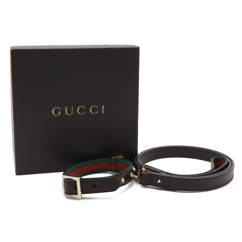GUCCI Sherry Line Pet Lead Collar Set Dog Walking Studs Leather Dark Brown Gold
