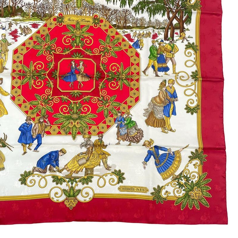HERMES Carre 90 Large Scarf Silk Joies D'hiver Winter Fun Red Box Included
