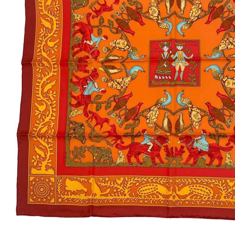 HERMES Carre 90 Scarf Silk Early America Good Old America Animal Pattern Red