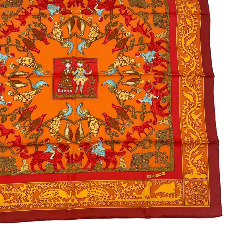 HERMES Carre 90 Scarf Silk Early America Good Old America Animal Pattern Red