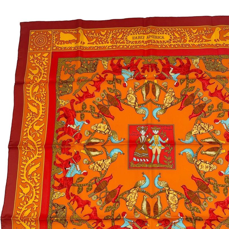 HERMES Carre 90 Scarf Silk Early America Good Old America Animal Pattern Red