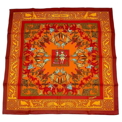 HERMES Carre 90 Scarf Silk Early America Good Old America Animal Pattern Red