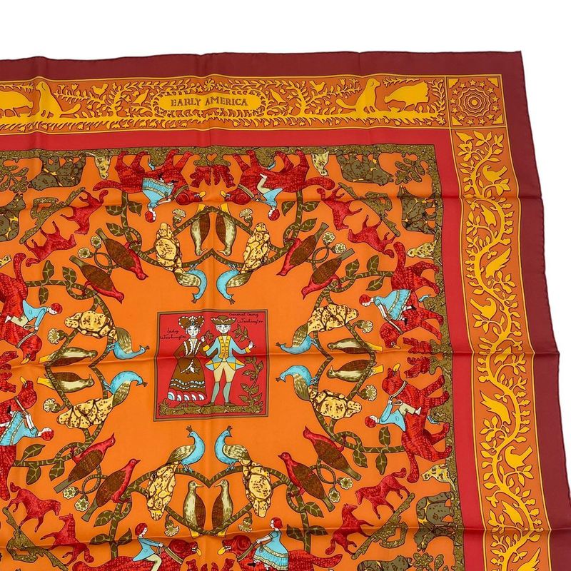 HERMES Carre 90 Scarf Silk Early America Good Old America Animal Pattern Red