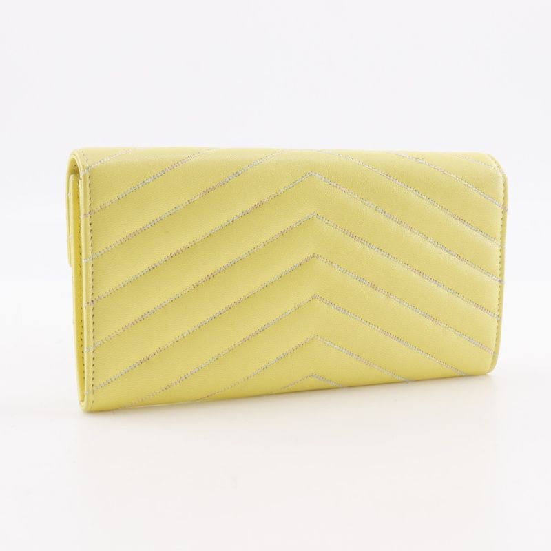 CHANEL V Stitch Coco Mark Lambskin Yellow Women's Long Wallet