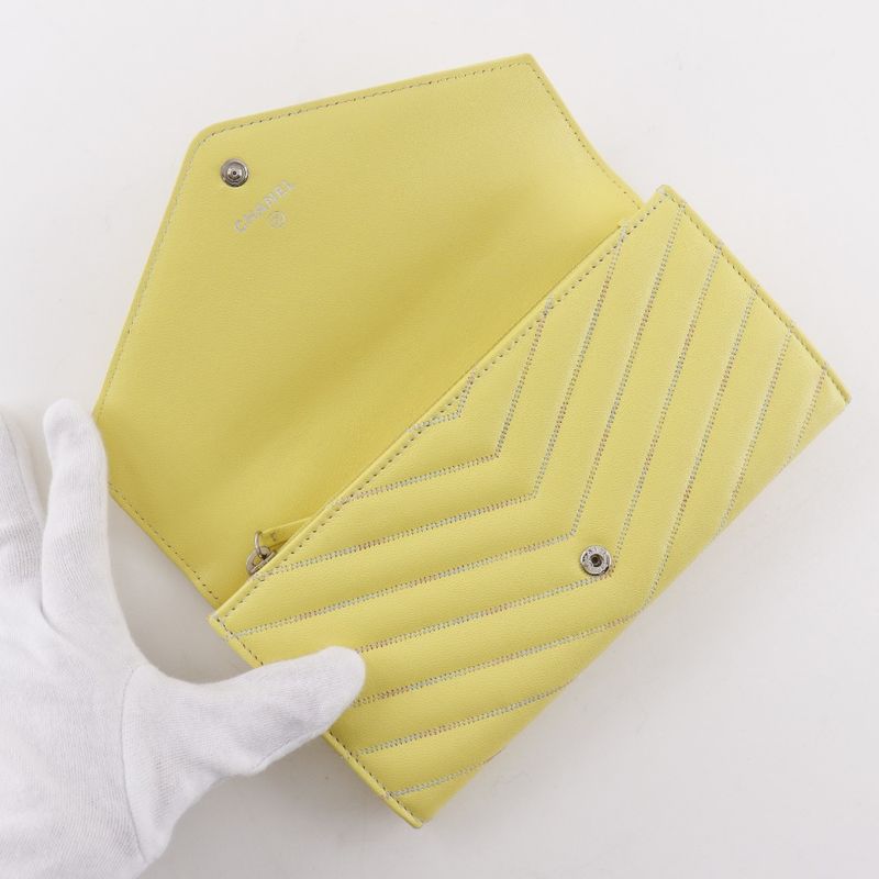 CHANEL V Stitch Coco Mark Lambskin Yellow Women's Long Wallet
