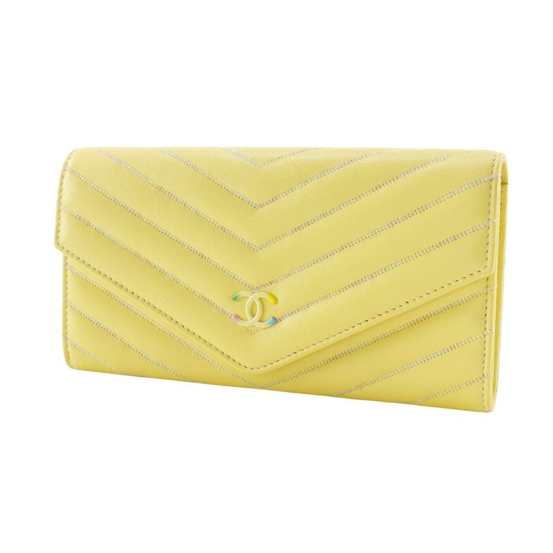 CHANEL V Stitch Coco Mark Lambskin Yellow Women's Long Wallet