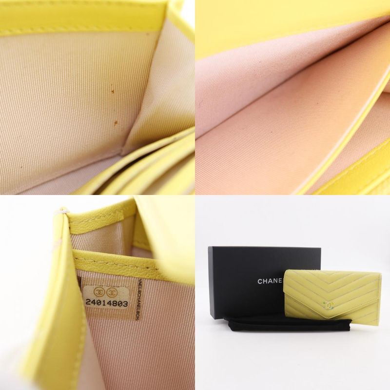 CHANEL V Stitch Coco Mark Lambskin Yellow Women's Long Wallet