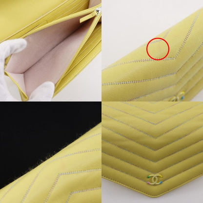 CHANEL V Stitch Coco Mark Lambskin Yellow Women's Long Wallet