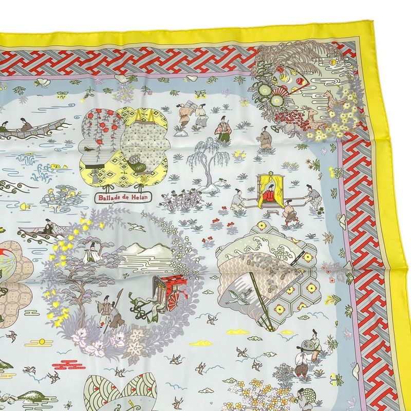 HERMES Carre 90 Large Scarf 100% Silk Ballade De Heian In The Garden Of Heian