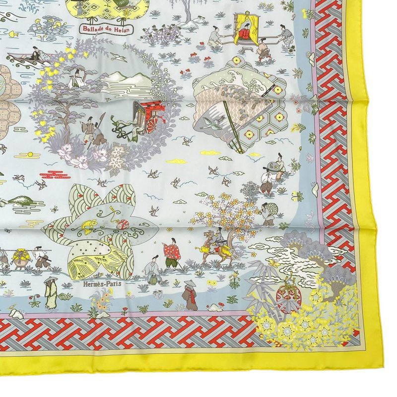 HERMES Carre 90 Large Scarf 100% Silk Ballade De Heian In The Garden Of Heian