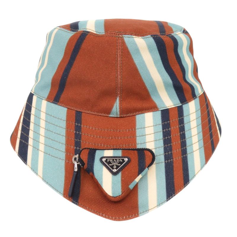 PRADA Triangle Logo Stripe Size XL Cotton Multicolor Bucket Hat 1378 PRADA