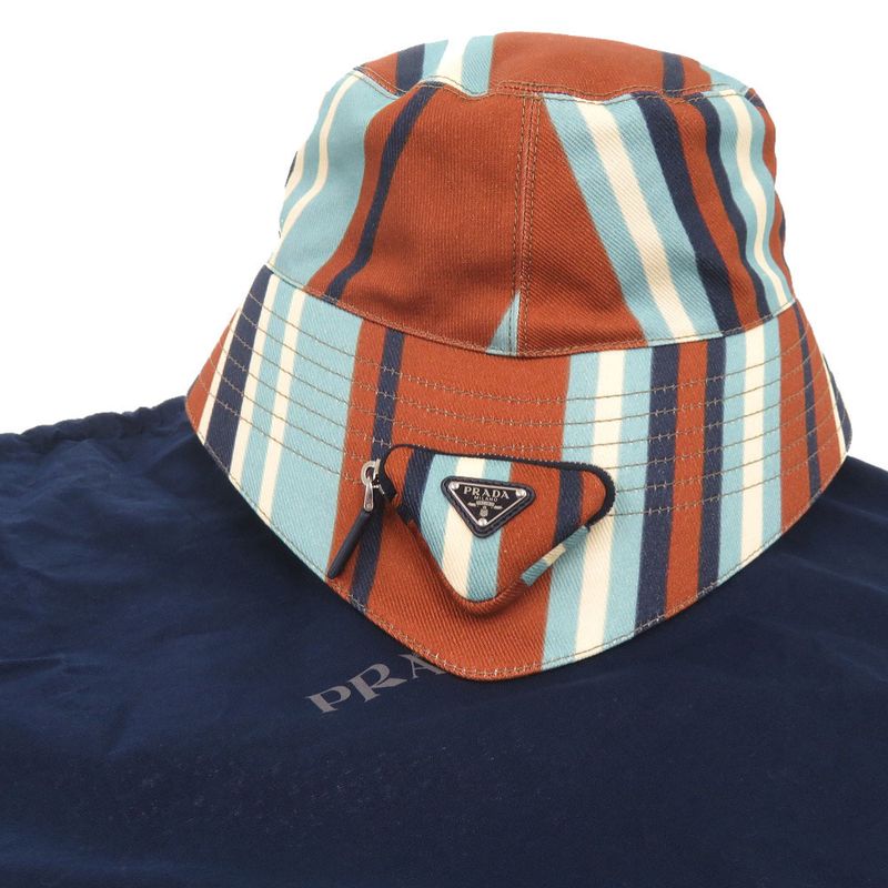 PRADA Triangle Logo Stripe Size XL Cotton Multicolor Bucket Hat 1378 PRADA