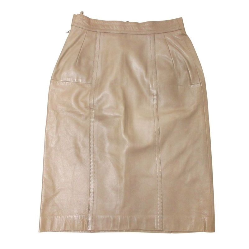 LOEWE Lamb Leather Knee Length Skirt Anagram Button Sheep Leather Brown • MNK4