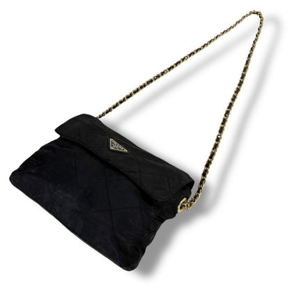 PRADA Quilted Chain Shoulder Bag Triangle Logo Black Tessuto Nylon