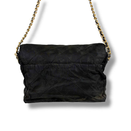 PRADA Quilted Chain Shoulder Bag Triangle Logo Black Tessuto Nylon