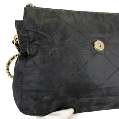 PRADA Quilted Chain Shoulder Bag Triangle Logo Black Tessuto Nylon