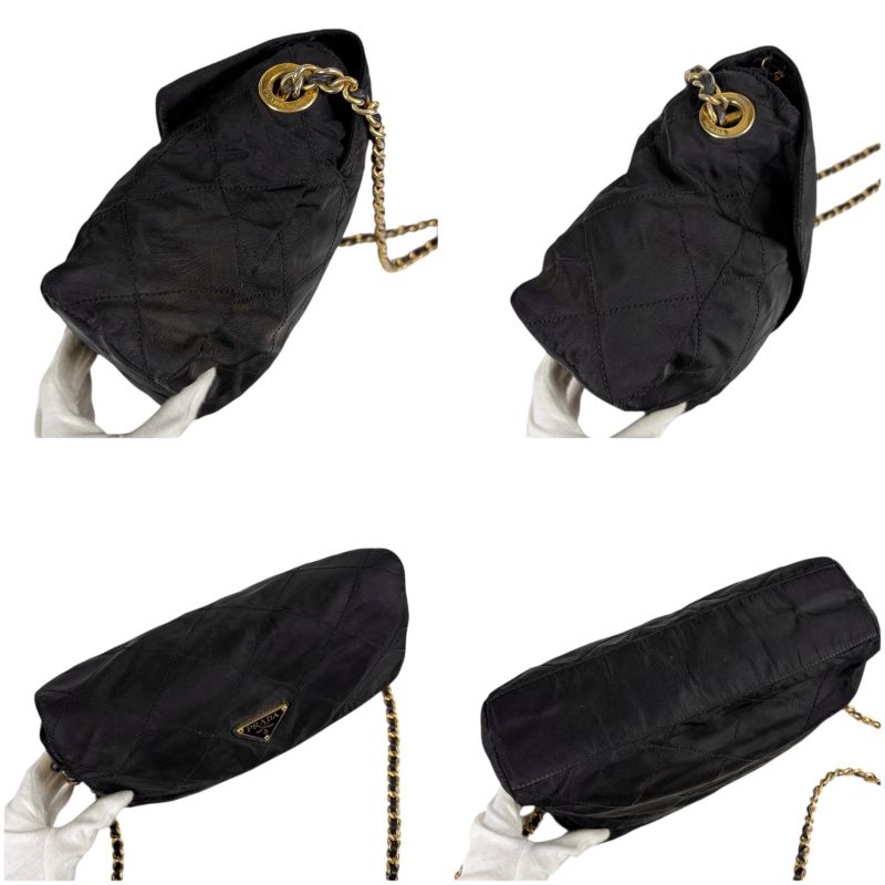 PRADA Quilted Chain Shoulder Bag Triangle Logo Black Tessuto Nylon