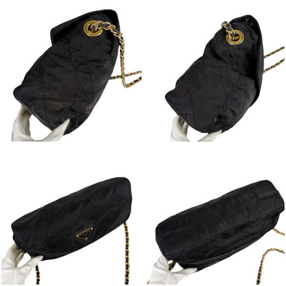 PRADA Quilted Chain Shoulder Bag Triangle Logo Black Tessuto Nylon
