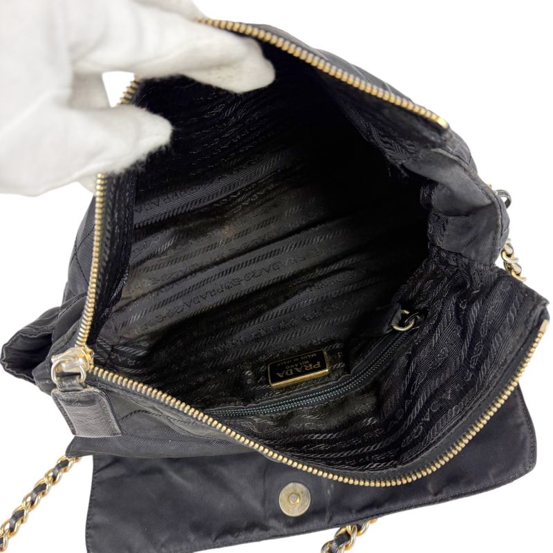 PRADA Quilted Chain Shoulder Bag Triangle Logo Black Tessuto Nylon