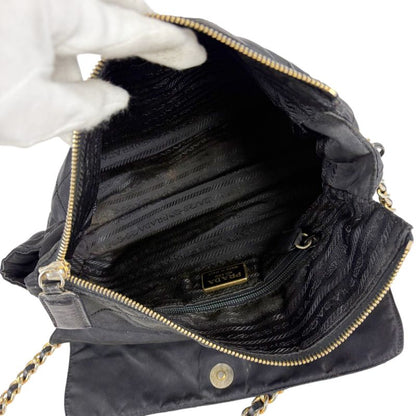 PRADA Quilted Chain Shoulder Bag Triangle Logo Black Tessuto Nylon