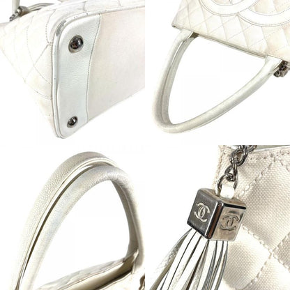 CHANEL Shoulder Bag Reproduction Tote Fringe Tassel Leather Canvas White