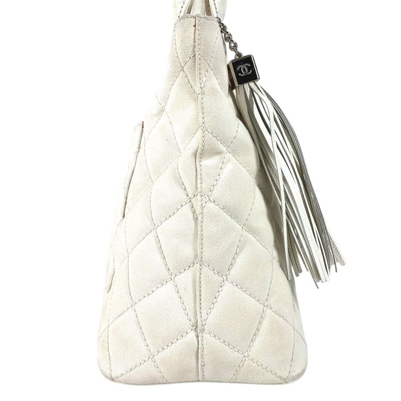 CHANEL Shoulder Bag Reproduction Tote Fringe Tassel Leather Canvas White