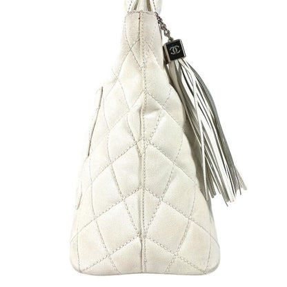 CHANEL Shoulder Bag Reproduction Tote Fringe Tassel Leather Canvas White