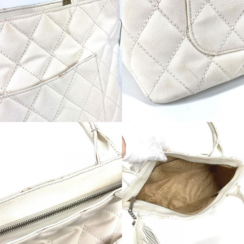 CHANEL Shoulder Bag Reproduction Tote Fringe Tassel Leather Canvas White