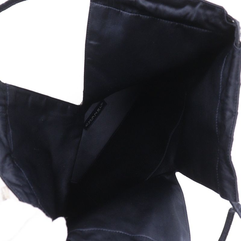 CHANEL Pearl Logo Drawstring A17840 Satin Black Women's Shoulder Bag