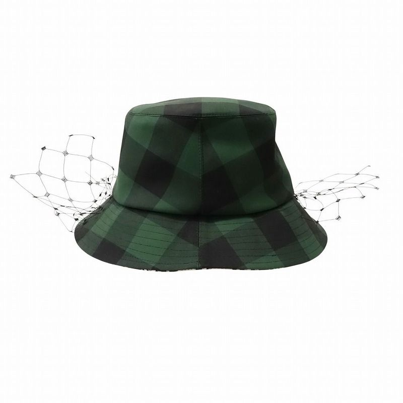 Christian DIOR Check Pattern Bucket Hat Bucket Veil Bob Hat Tulle Oblique Green