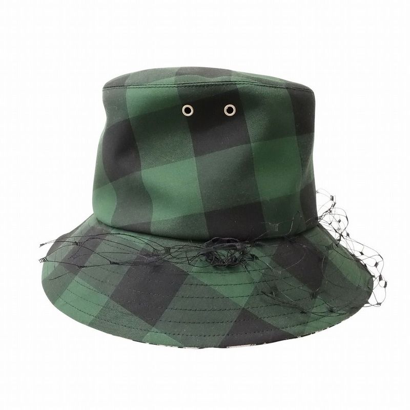 Christian DIOR Check Pattern Bucket Hat Bucket Veil Bob Hat Tulle Oblique Green
