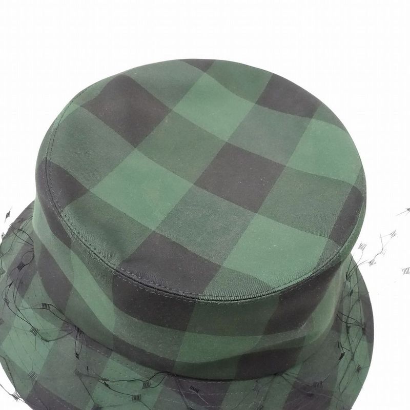 Christian DIOR Check Pattern Bucket Hat Bucket Veil Bob Hat Tulle Oblique Green