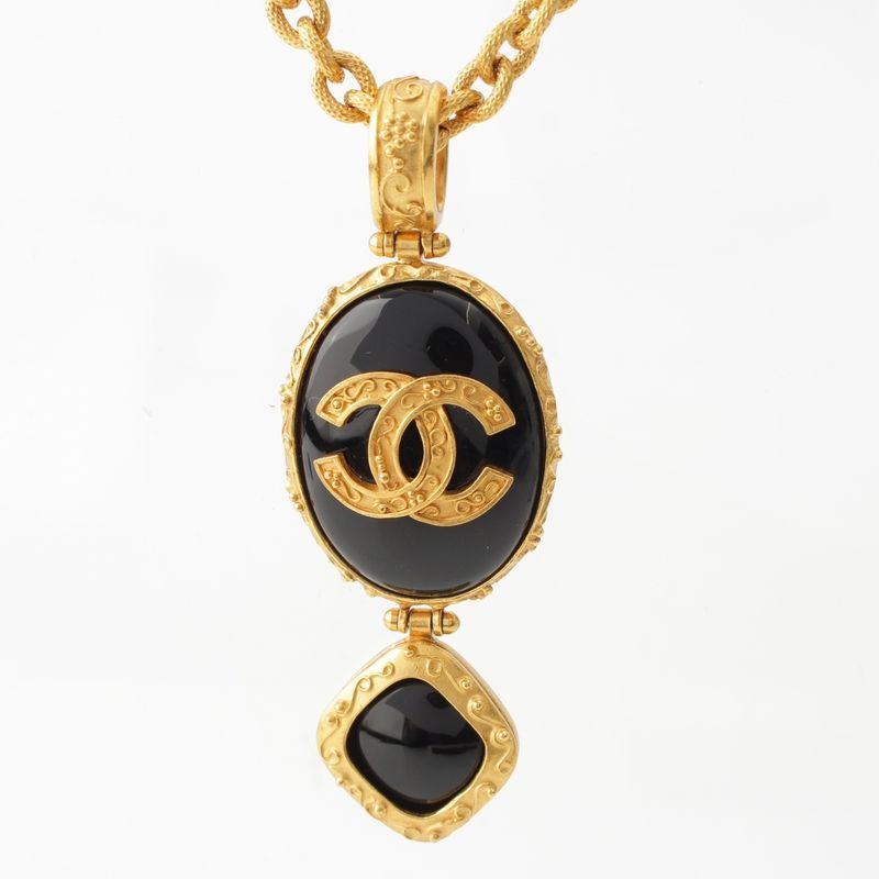 CHANEL 96A Blackstone Coco Mark Necklace Accessories - Gold Black