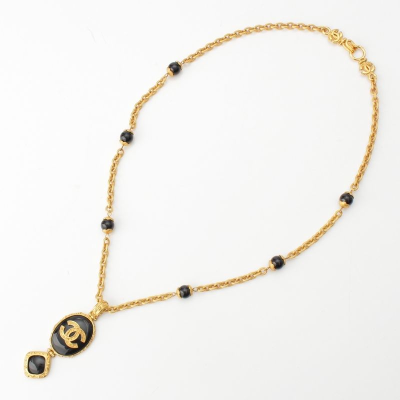 CHANEL 96A Blackstone Coco Mark Necklace Accessories - Gold Black