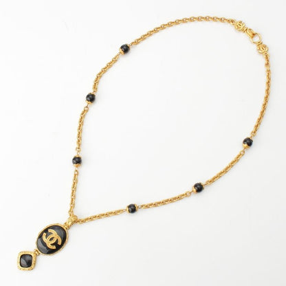 CHANEL 96A Blackstone Coco Mark Necklace Accessories - Gold Black