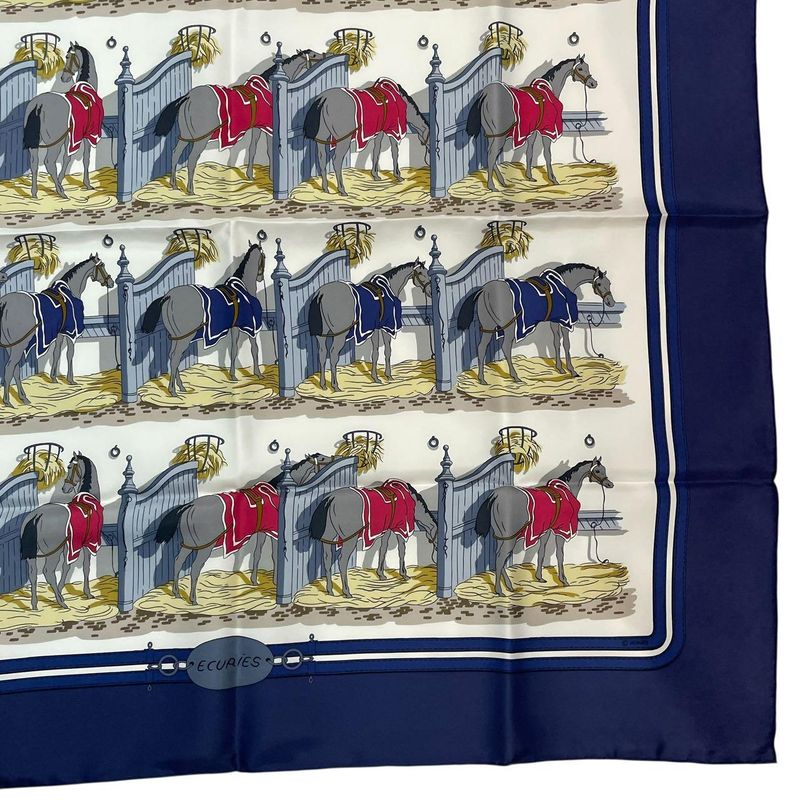 HERMES Silk Scarf Carre 90 Ecuries Stable Navy - Box Included