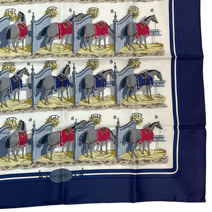HERMES Silk Scarf Carre 90 Ecuries Stable Navy - Box Included