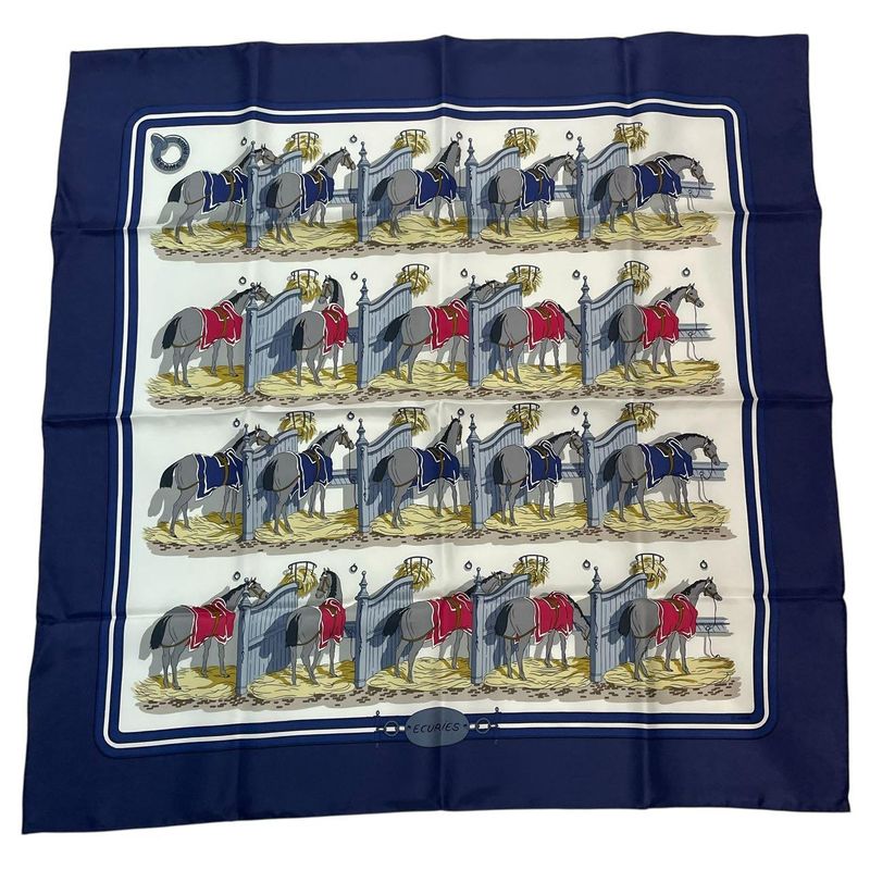 HERMES Silk Scarf Carre 90 Ecuries Stable Navy - Box Included