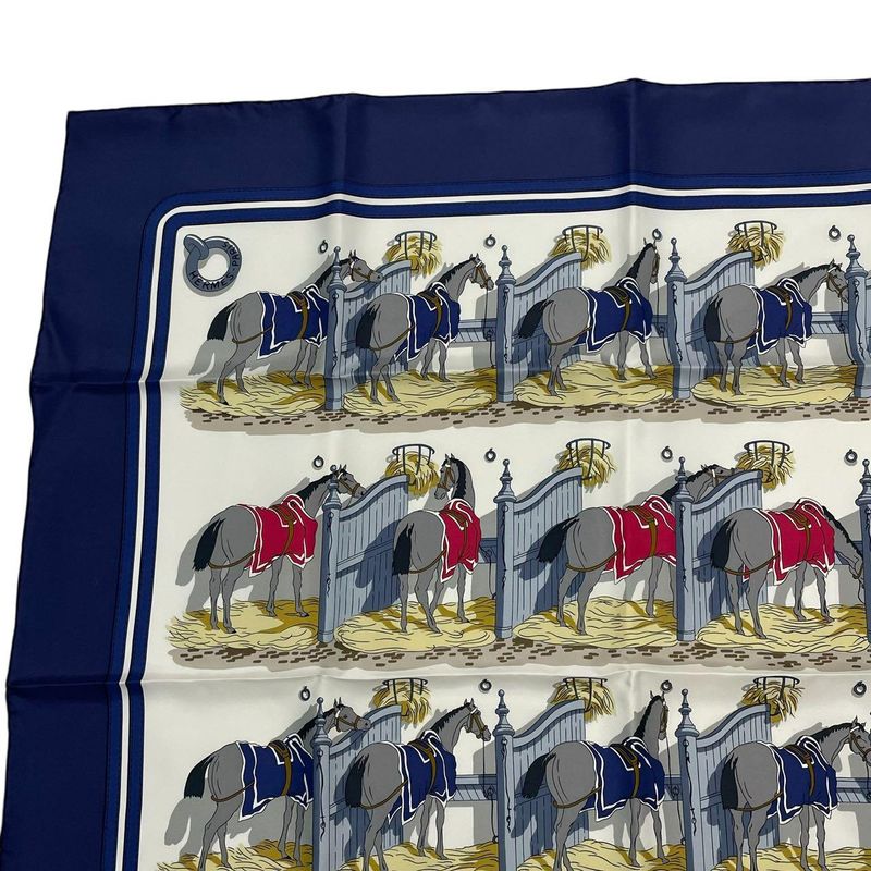 HERMES Silk Scarf Carre 90 Ecuries Stable Navy - Box Included