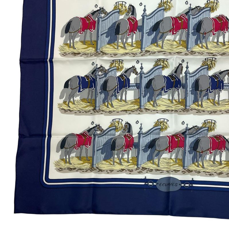 HERMES Silk Scarf Carre 90 Ecuries Stable Navy - Box Included