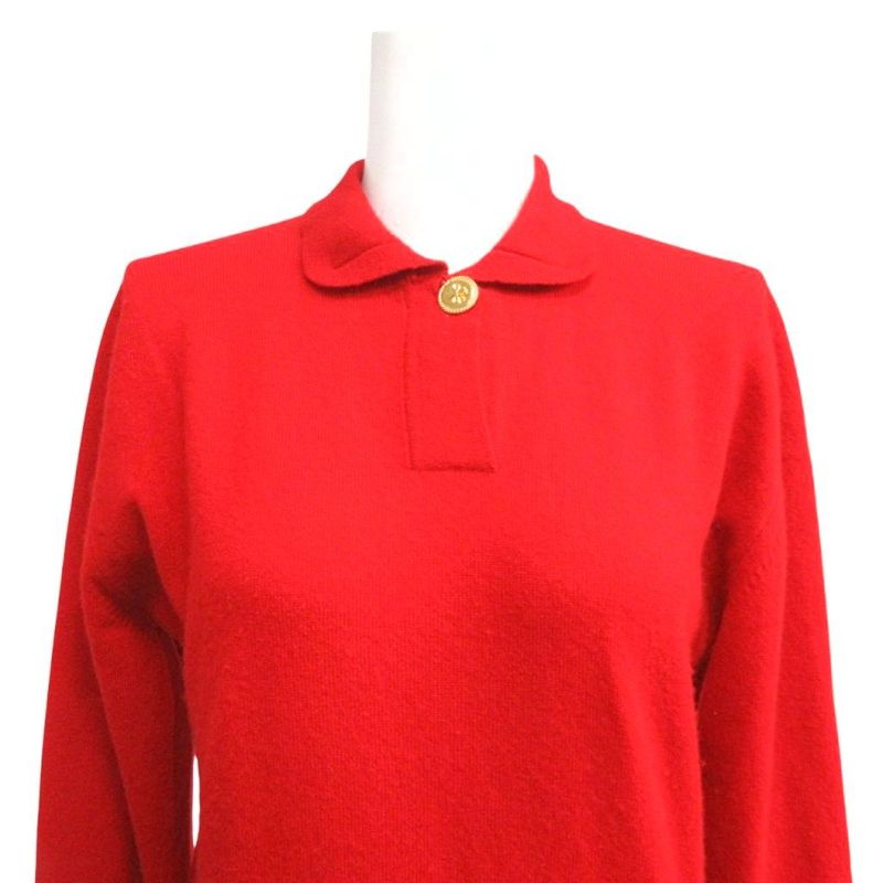 CHANEL Vintage Pure Cashmere Knit Polo Coco Mark Embroidery Sweater Long Sleeve